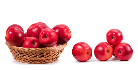 Ripe red apple in wicker basket isolated on white