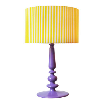 Table lamp with yellow line pattern lampshade on white background. Object with clipping path..