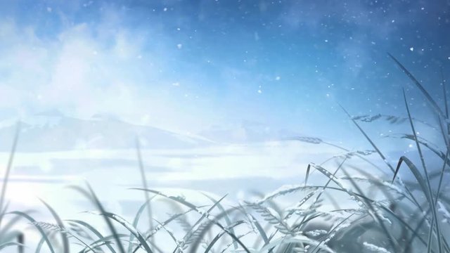 Cold Crisp Frost Covered Winter Day 4K Features waving frost covered grass in the foreground with snow falling and blowing in background with blue sky showing through