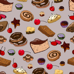 Seamless pattern with different pasteries, cookies and berries for design, background, and print.
