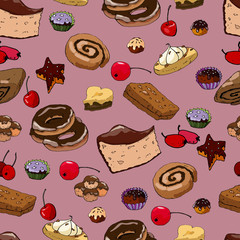 Seamless pattern with different pasteries, cookies and berries for design, background, and print.