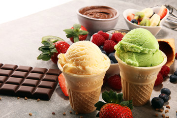 Set of ice cream scoops of different colors and flavours