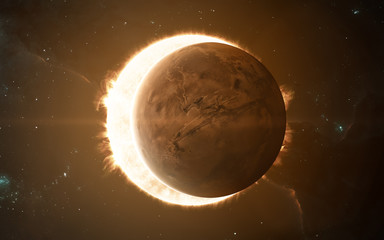 Mars, eclipsing the Sun. Red Planet of Solar System. Science fiction art. Elements of the image were furnished by NASA