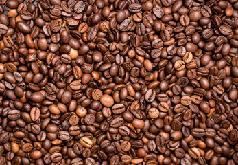 Coffee Background. roasted coffee beans, top view