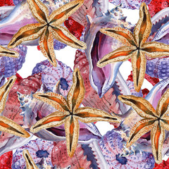 Seamless pattern with seashells, corals and starfishes. Marine background. Illustration in watercollor style. Perfect for greetings, invitations, wrapping paper, textile, wedding and web design.