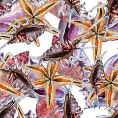 Seamless pattern with seashells, corals and starfishes. Marine background. Illustration in watercollor style. Perfect for greetings, invitations, wrapping paper, textile, wedding and web design.