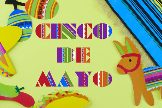 Cinco de Mayo image withmessage added on yellow background surrounded by colorful party props with Mexican themed subjects