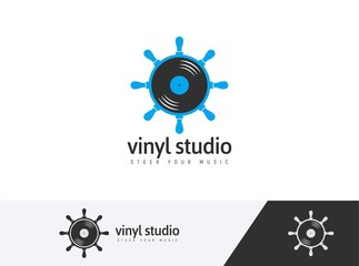 Vector music logo concept. Blue ship steering wheel with vinyl disc isolated. Summer Dj s festival logotype. Night club icon concept