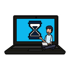 man sitting in laptop with hourglass