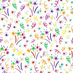 Fototapeta na wymiar Carnival or holiday seamless pattern with fireworks, stars and serpentine streamers. Festive background for design, Carnival, kids party, decoration, event. Vector card, promotion, poster, flyer, web.