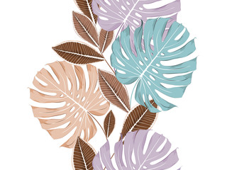 Seamless tropical floral background with monstera and plumeria leaves.