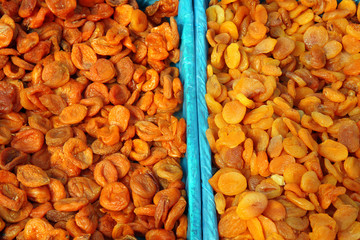dried apricots on the market table.dried fruits in the market