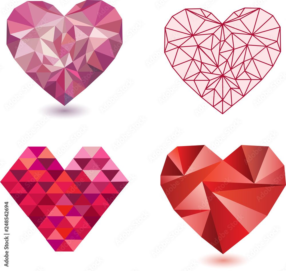 Wall mural Vector hearts collection. 4 detailed geometric, origami and paper illustrations