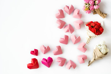 Happy International Women’s Day celebrate on March 8, congratulatory CARD. rose-color paper hearts shape figure eight 8