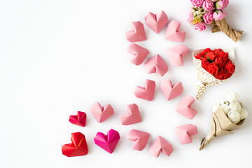 Happy International Women&rsquo;s Day celebrate on March 8, congratulatory CARD. rose-color paper hearts shape figure eight 8