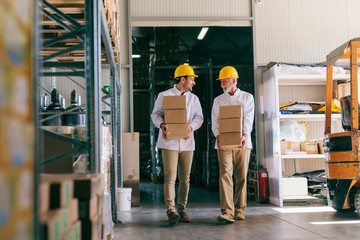 Two storage workers in work wear carrying heavy boxes.