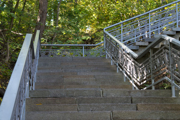 Stairs to national reserve of Taras Shevchenko on Taras Hill (Chernecha Hora) in Kaniv, Ukraine on October 14, 2018. 