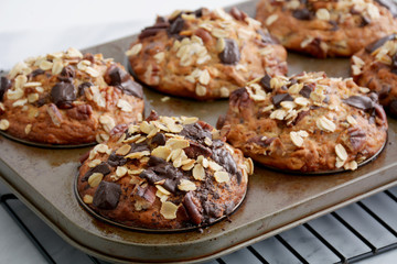 Banana chocolate oat pecan muffins