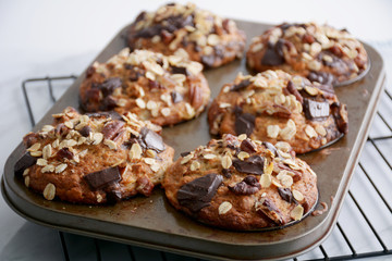 Banana chocolate oat pecan muffins