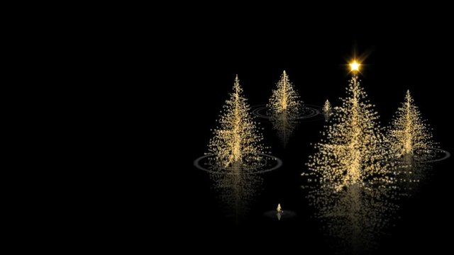 Gold Happy Holidays Trees 4K features an elegant Christmas or holiday greeting video with a black and gold theme and Christmas trees appear to rise out of black liquid with reflections and message