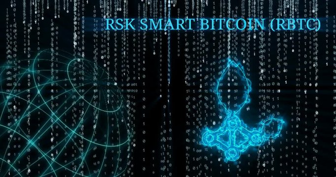 Glowing RSK Smart Bitcoin (RBTC) symbol against falling binary code symbols
