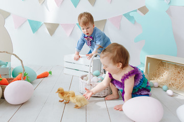 Cute Happy Children Play Easter Duckling Interior