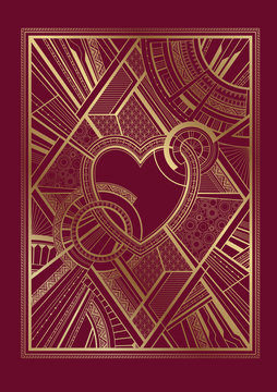 Gold and burgundy card with heart and art deco geometric ornament