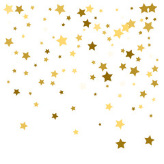 Gold star confetti rain festive holiday background. Vector golden paper foil stars falling down isolated on white background.