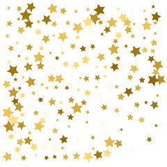 Gold star confetti rain festive holiday background. Vector golden paper foil stars falling down isolated on white background.