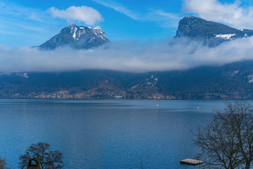Window view of the lake Thun in winter, in Switzerland