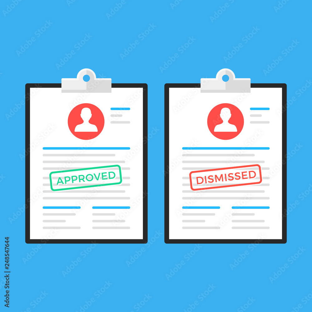 Poster clipboard and document with approved stamp, clipboard and document with rejected stamp. modern conce