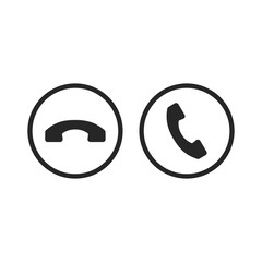 Phone call icons set. Flat line design. Accept button, decline call button. Handset symbols. Vector line icons set