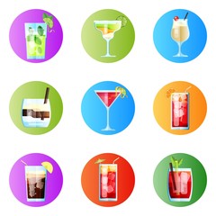 Set of Nine Tropical Cocktails Rounded Image. Mojito, Margarita, Pina Colada