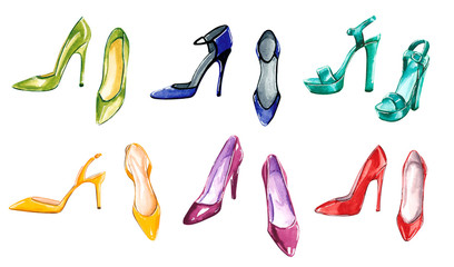 Hand drawn watercolor fashion illustration clipart isolated on white - elegant high heel shoes in olive green, yellow, purple, blue, turquoise and red colors