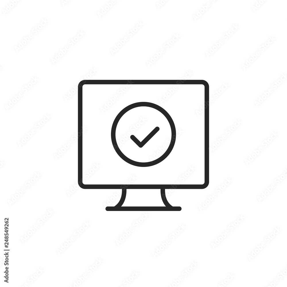 Poster computer with check mark icon. thin line design. update, success, accept concepts. check mark on com