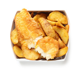 Disposable container with British Traditional Fish and potato chips on white background, top view