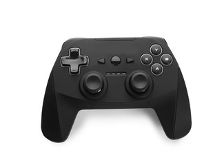 Modern video game controller isolated on white, top view