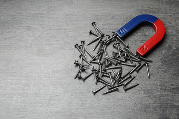 Magnet attracting nails on grey background, space for text
