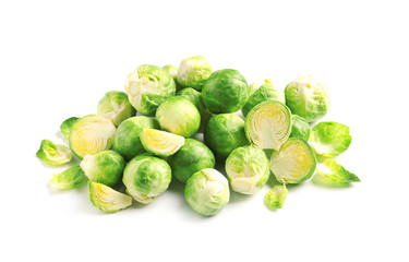Pile of fresh Brussels sprouts on white background