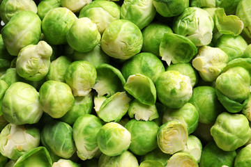 Fototapeta premium Tasty fresh Brussels sprouts as background, top view