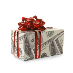 Gift box wrapped in decorative paper with dollar pattern on white background