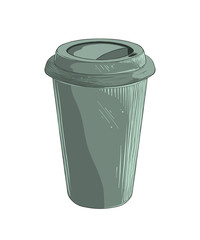Hand drawn sketch of disposable cup in green color isolated on white background. Vector illustration