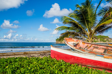 Caribbean Martinique beach beside traditional fishing boats