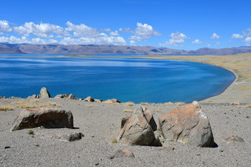 China. Great lakes of Tibet. Lake Teri Tashi Namtso in sunny summer day