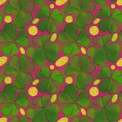 St. Patrick Day Shamrock and Coins Seamless Pattern. Irish Luck Symbols in Watercolor Textures.