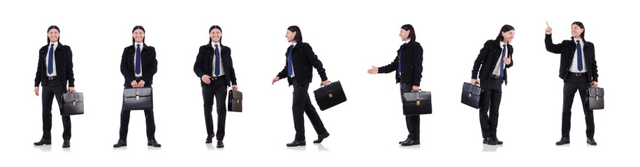 Young businessman holding briefcase isolated on white