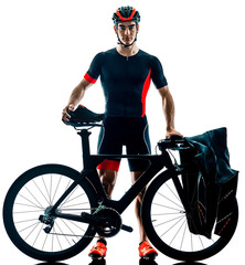 triathlete triathlon Cyclist cycling  in studio silhouette shadow  isolated  on white background