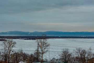 Morning view of the city of Khabarovsk in winter. Urban landscape.