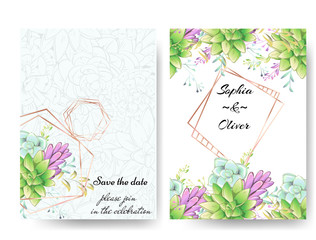 Beautiful modern invitation wedding template with gold frames and succulents