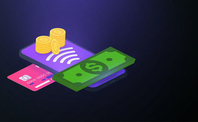Mobile wallet purple background with smartphone, credit card and dollars.
